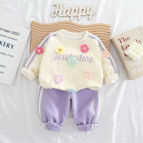 2-Piece Kids Flower Sweatshirt & Pants Set – Purple, Pink or Bordeaux (1-5 Years)