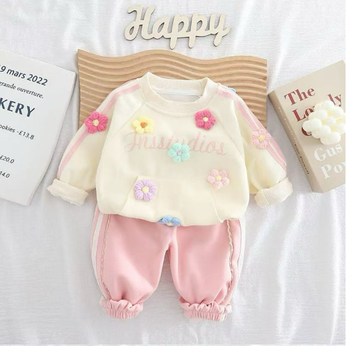 2-Piece Kids Flower Sweatshirt & Pants Set – Purple, Pink or Bordeaux (1-5 Years)