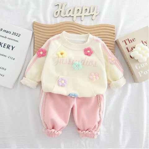 2-Piece Kids Flower Sweatshirt & Pants Set – Purple, Pink or Bordeaux (1-5 Years)