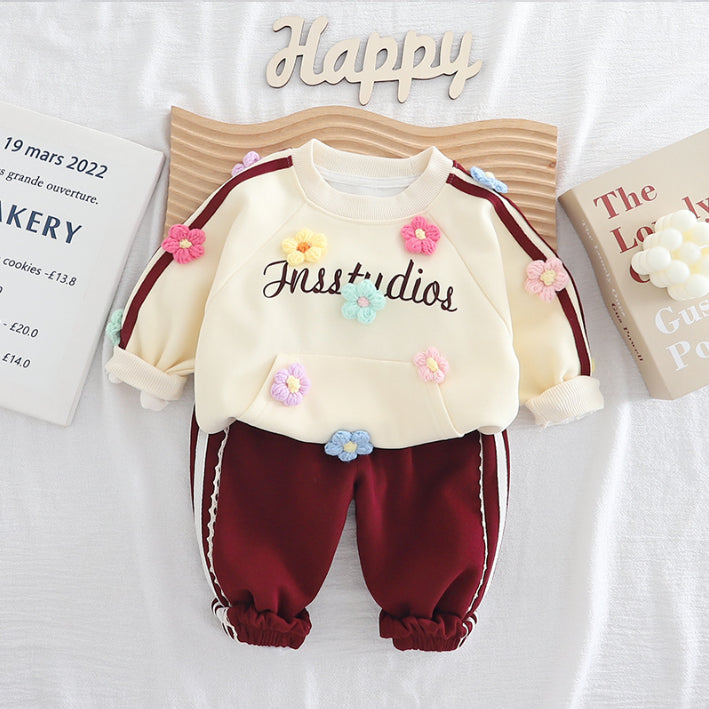 2-Piece Kids Flower Sweatshirt & Pants Set – Purple, Pink or Bordeaux (1-5 Years)