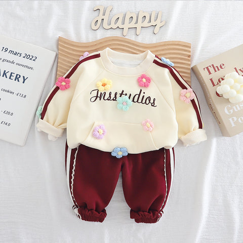 2-Piece Kids Flower Sweatshirt & Pants Set – Purple, Pink or Bordeaux (1-5 Years)