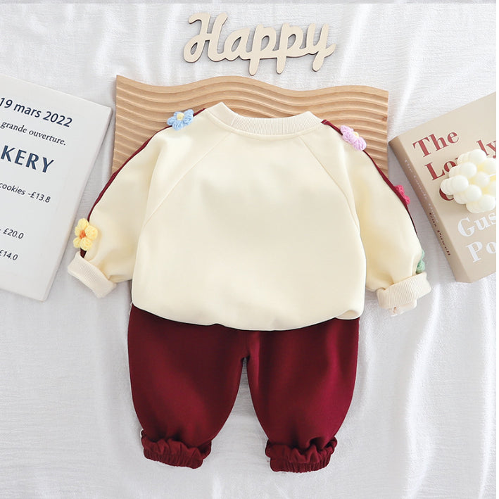2-Piece Kids Flower Sweatshirt & Pants Set – Purple, Pink or Bordeaux (1-5 Years)