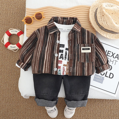 Striped Shirt, Graphic T-Shirt & Jeans Children’s Outfit – Brown or Black (1-5 Years)