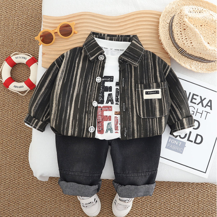 Striped Shirt, Graphic T-Shirt & Jeans Children’s Outfit – Brown or Black (1-5 Years)