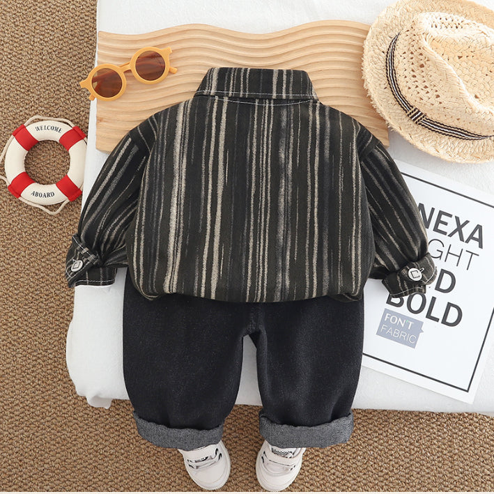 Striped Shirt, Graphic T-Shirt & Jeans Children’s Outfit – Brown or Black (1-5 Years)