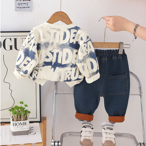 2-Piece Kids Denim Outfit with Printed Sweatshirt – Blue or Brown (1-5 Years)