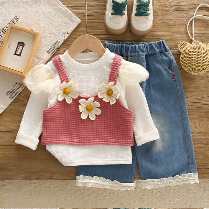 3-Piece Kids Daisy Outfit with Denim Skirt – Yellow or Pink (1-5 Years)