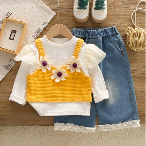 3-Piece Kids Daisy Outfit with Denim Skirt – Yellow or Pink (1-5 Years)