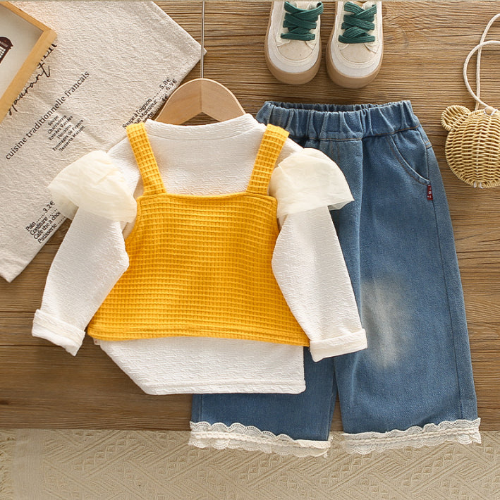 3-Piece Kids Daisy Outfit with Denim Skirt – Yellow or Pink (1-5 Years)