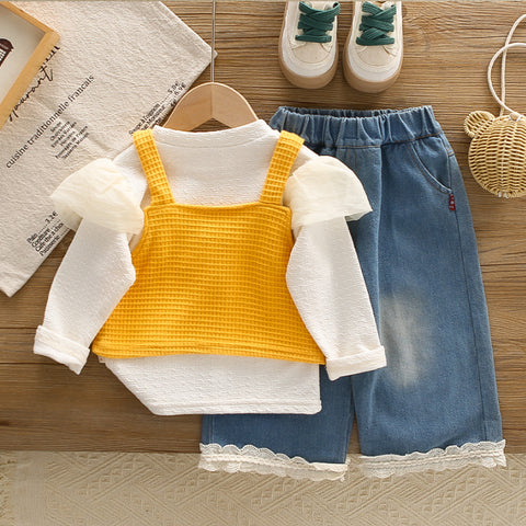 3-Piece Kids Daisy Outfit with Denim Skirt – Yellow or Pink (1-5 Years)