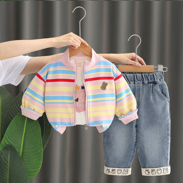 3-Piece Kids Striped Jacket & Jeans Outfit – Pink or Yellow (1-5 Years)