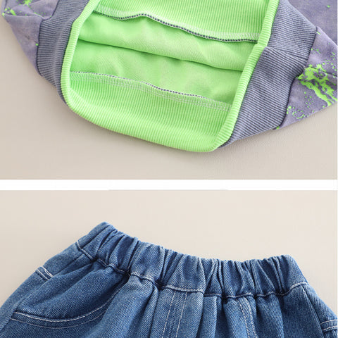 Unisex Kids Casual Outfit with Neon Print Sweatshirt & Jeans – Pink or Green (1-5 Years)