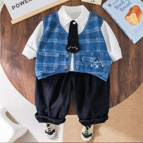 3-Piece Plaid Vest Outfit with Tie – Blue or Grey (1-5 Years)