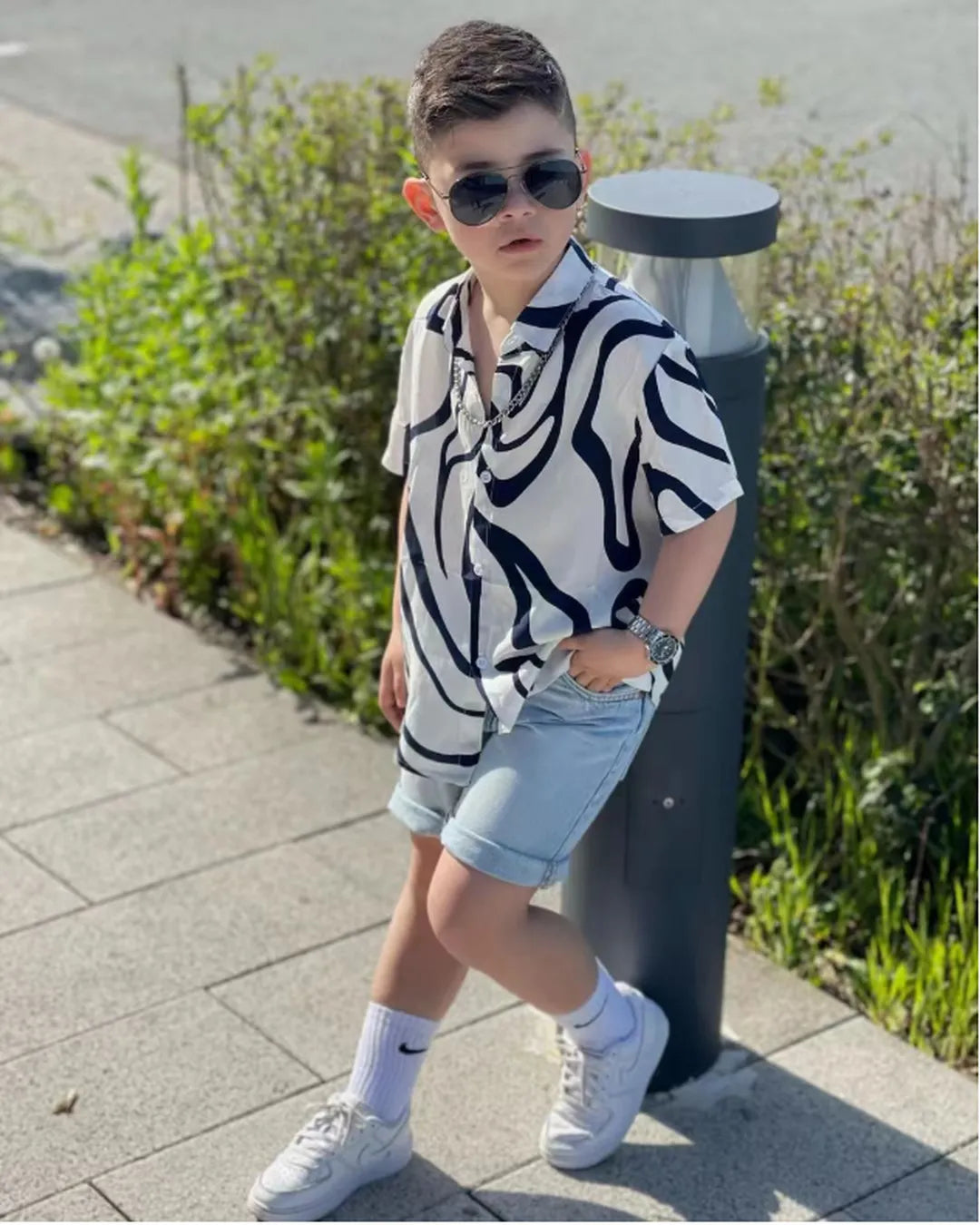 Cool Zebra Print Shirt & Denim Shorts Set – Boys 2–7Y