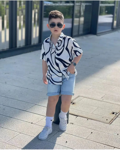 Cool Zebra Print Shirt & Denim Shorts Set – Boys 2–7Y
