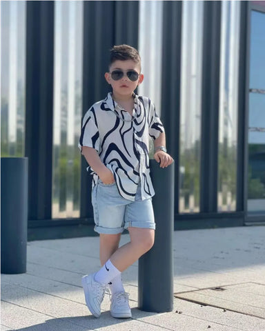 Cool Zebra Print Shirt & Denim Shorts Set – Boys 2–7Y