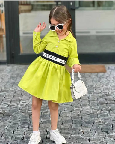 Neon Green Shirt Dress with Elastic Belt – Girls 2–7Y