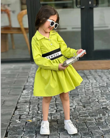 Neon Green Shirt Dress with Elastic Belt – Girls 2–7Y