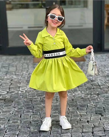 Neon Green Shirt Dress with Elastic Belt – Girls 2–7Y