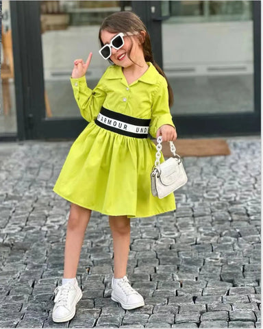 Neon Green Shirt Dress with Elastic Belt – Girls 2–7Y