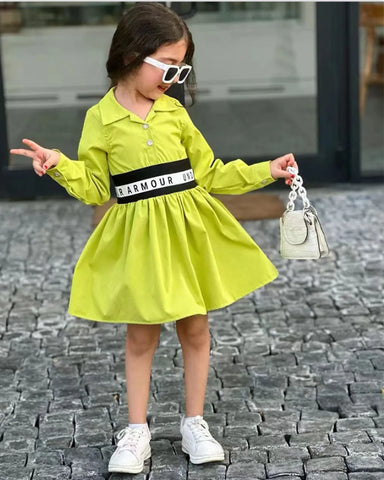 Neon Green Shirt Dress with Elastic Belt – Girls 2–7Y