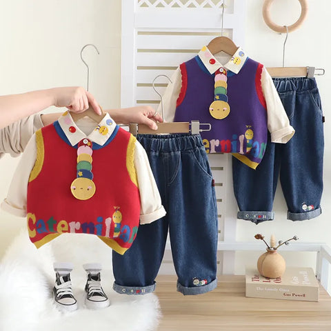 3-Piece Caterpillar Vest Outfit – Red or Purple (1-5 Years)