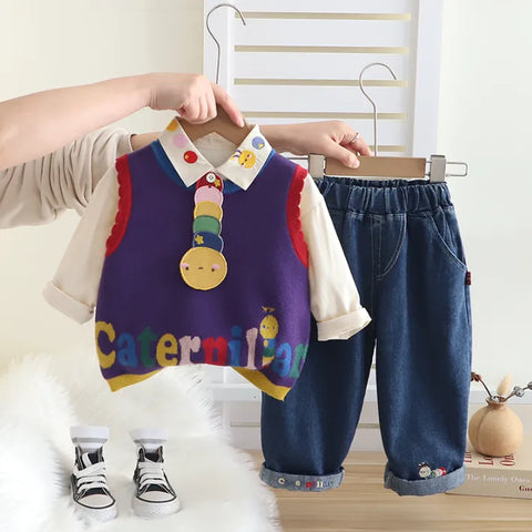 3-Piece Caterpillar Vest Outfit – Red or Purple (1-5 Years)