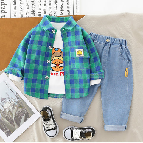 Boys 3-Piece Plaid Shirt, T-Shirt & Jeans Set (1-5 Years)- Green-Red-Yellow