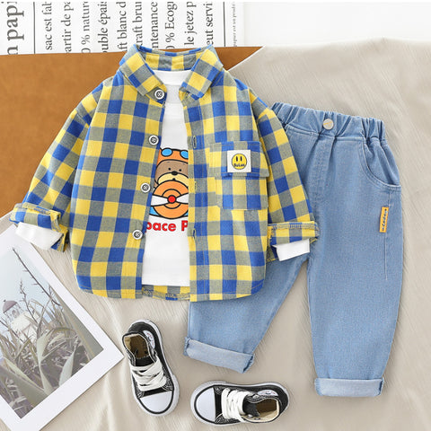 Boys 3-Piece Plaid Shirt, T-Shirt & Jeans Set (1-5 Years)- Green-Red-Yellow