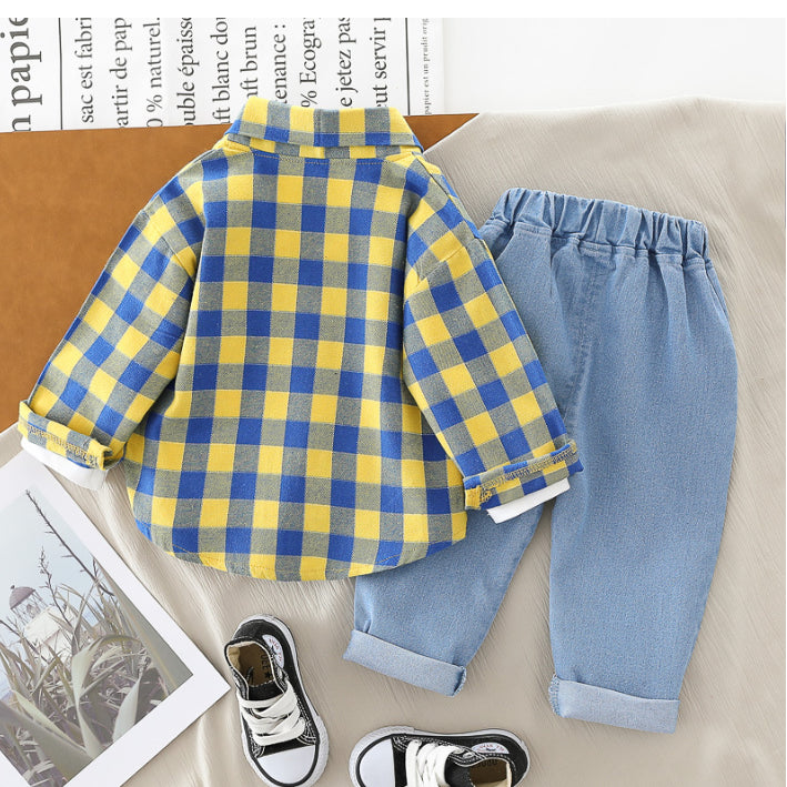 Boys 3-Piece Plaid Shirt, T-Shirt & Jeans Set (1-5 Years)- Green-Red-Yellow