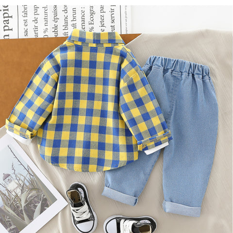 Boys 3-Piece Plaid Shirt, T-Shirt & Jeans Set (1-5 Years)- Green-Red-Yellow