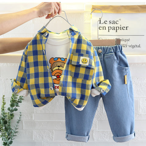 Boys 3-Piece Plaid Shirt, T-Shirt & Jeans Set (1-5 Years)- Green-Red-Yellow