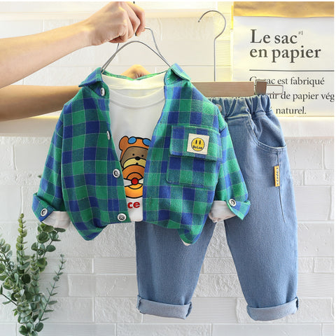 Boys 3-Piece Plaid Shirt, T-Shirt & Jeans Set (1-5 Years)- Green-Red-Yellow