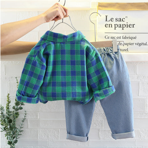 Boys 3-Piece Plaid Shirt, T-Shirt & Jeans Set (1-5 Years)- Green-Red-Yellow