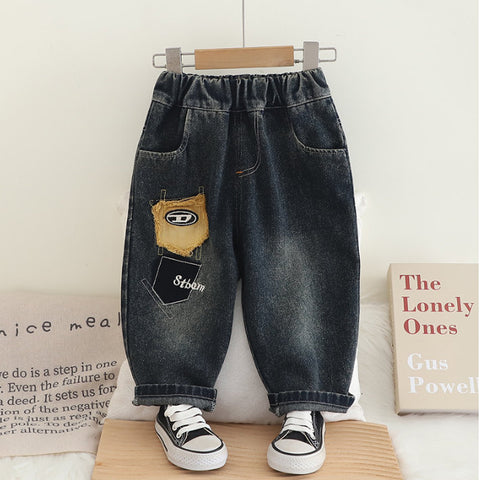 Boys Khaki Long Sleeve & Denim Patch Pants Set (1-6 Years)