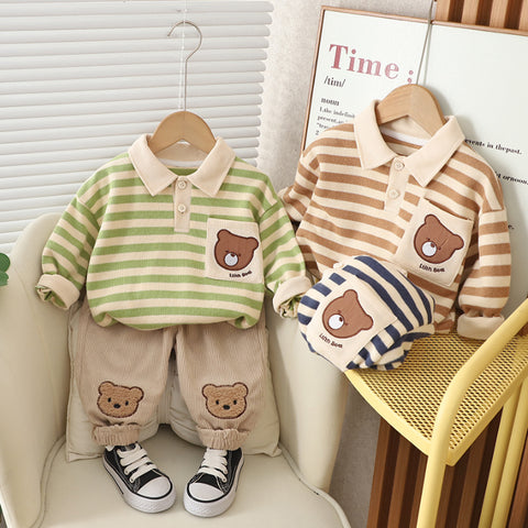 Toddler Bear Patch Striped Polo & Corduroy Pants Set (1-5 Years)