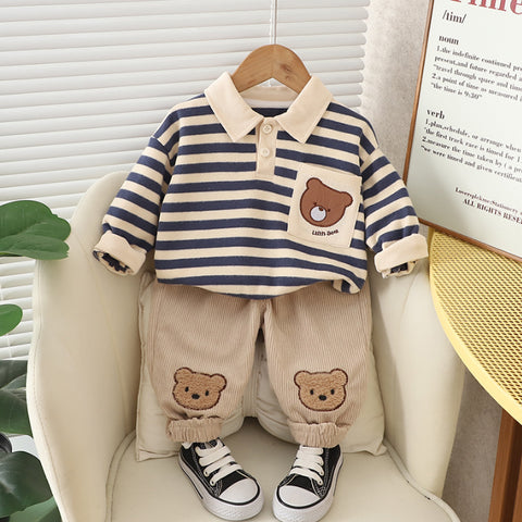 Toddler Bear Patch Striped Polo & Corduroy Pants Set (1-5 Years)