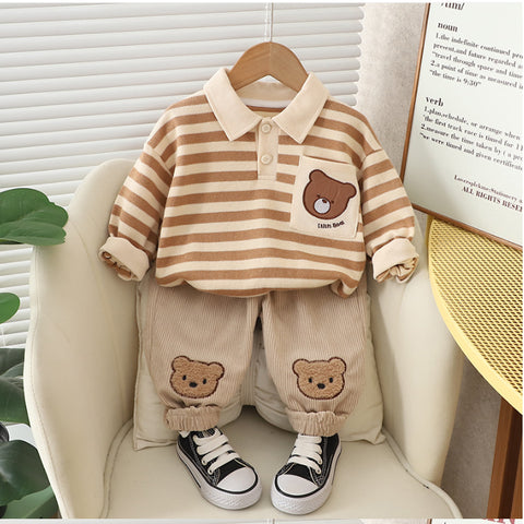 Toddler Bear Patch Striped Polo & Corduroy Pants Set (1-5 Years)