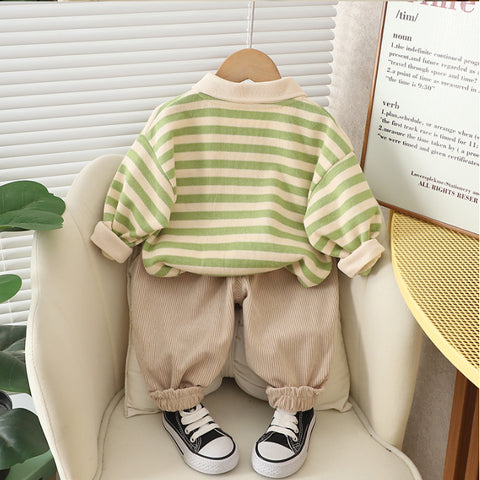 Toddler Bear Patch Striped Polo & Corduroy Pants Set (1-5 Years)