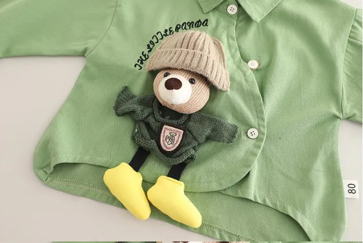 Boys Bear Design Outfit Set with Green Shirt & Brown Pants | 1–6 Years