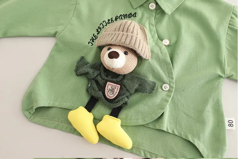 Boys Bear Design Outfit Set with Green Shirt & Brown Pants | 1–6 Years