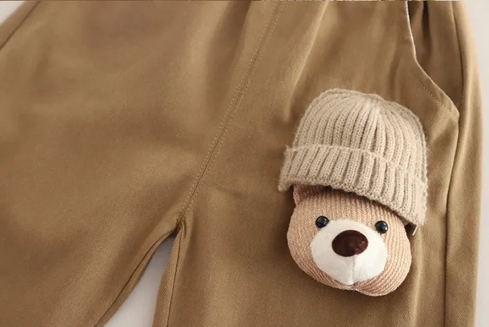 Boys Bear Design Outfit Set with Green Shirt & Brown Pants | 1–6 Years