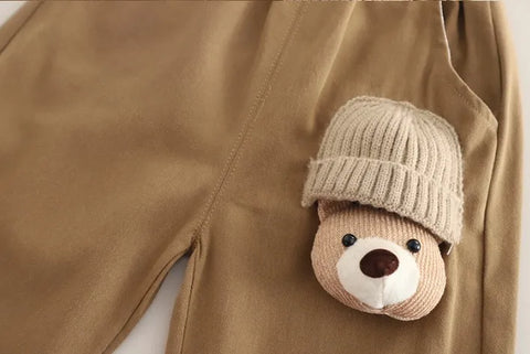 Boys Bear Design Outfit Set with Green Shirt & Brown Pants | 1–6 Years