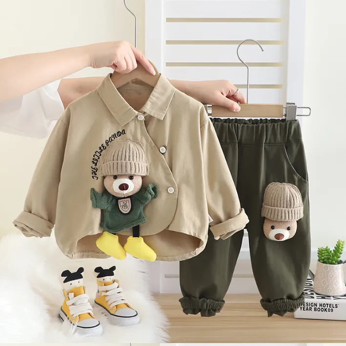 Boys Bear Design Outfit Set with Green Shirt & Brown Pants | 1–6 Years