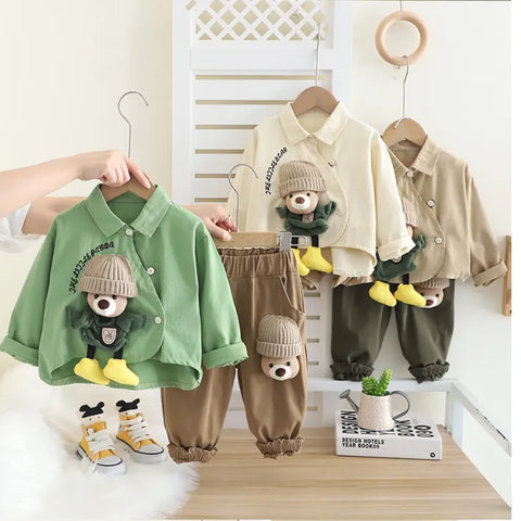 Boys Bear Design Outfit Set with Green Shirt & Brown Pants | 1–6 Years