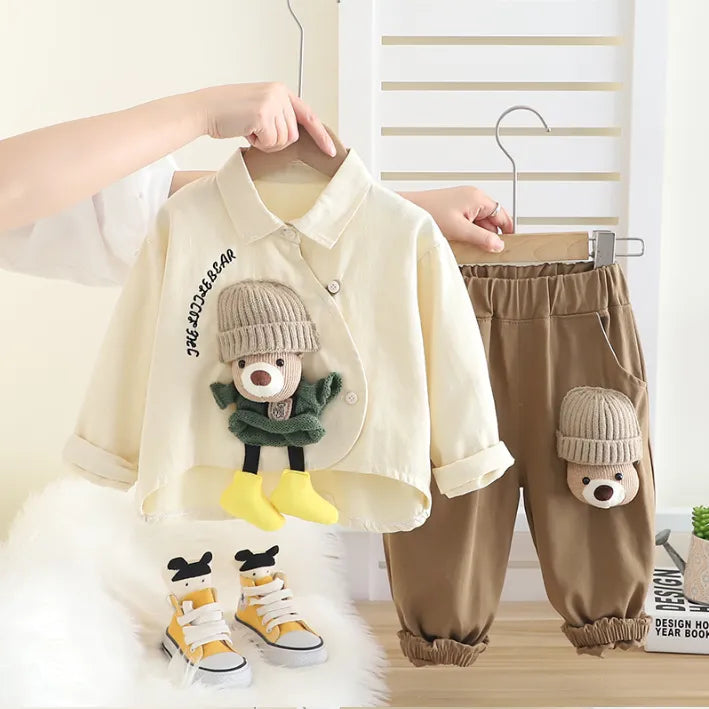 Boys Bear Design Outfit Set with Green Shirt & Brown Pants | 1–6 Years