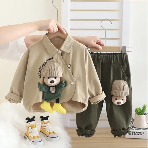 Boys Bear Design Outfit Set with Green Shirt & Brown Pants | 1–6 Years