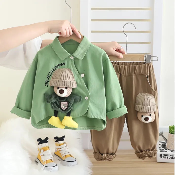 Boys Bear Design Outfit Set with Green Shirt & Brown Pants | 1–6 Years