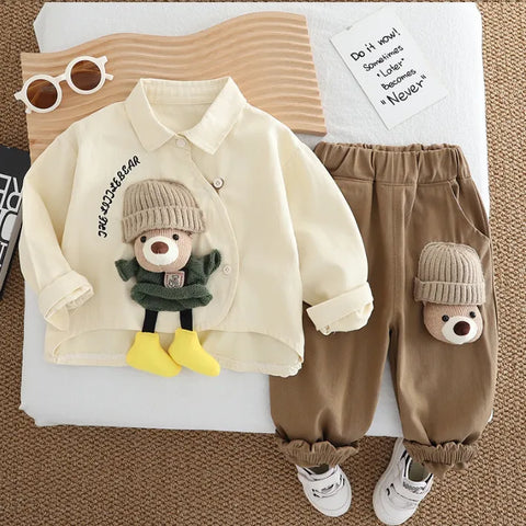 Boys Bear Design Outfit Set with Green Shirt & Brown Pants | 1–6 Years