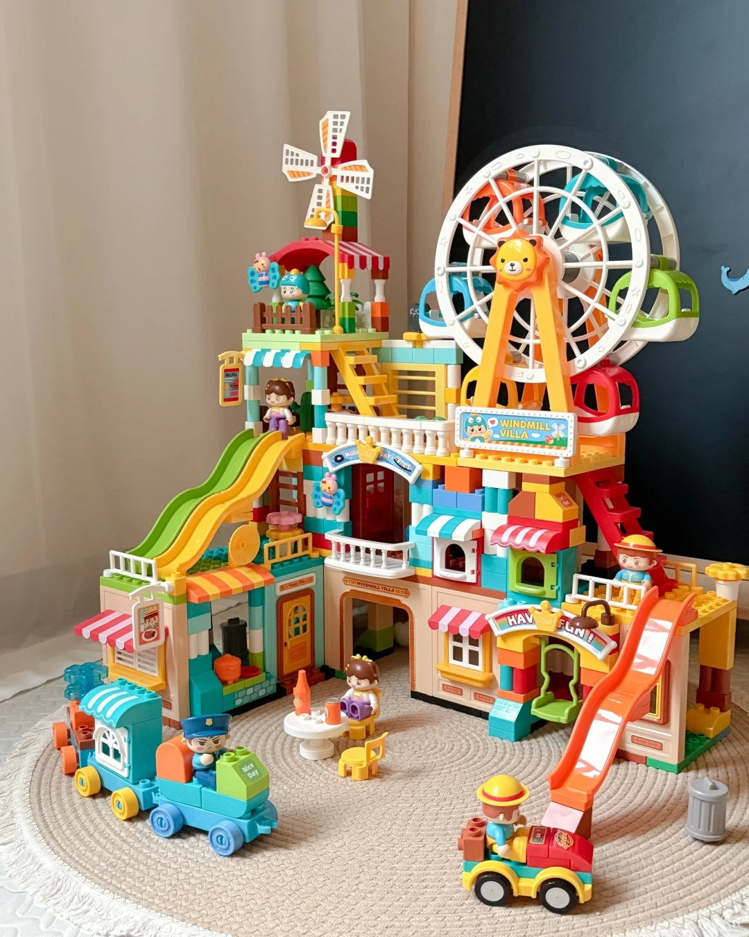Colorful Villa & Ferris Wheel Playset with Train and Slide